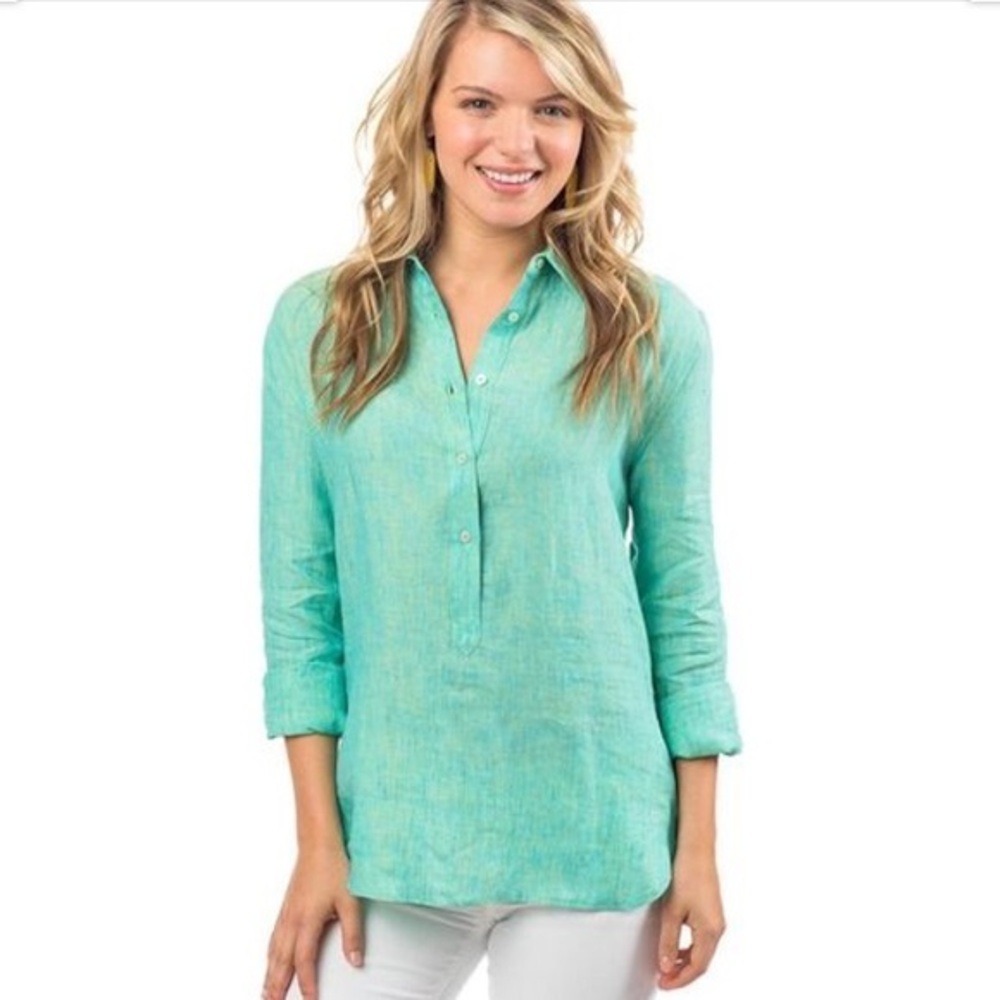 Southern Tide Linen Hadley Popover Turquoise Medium - NEW